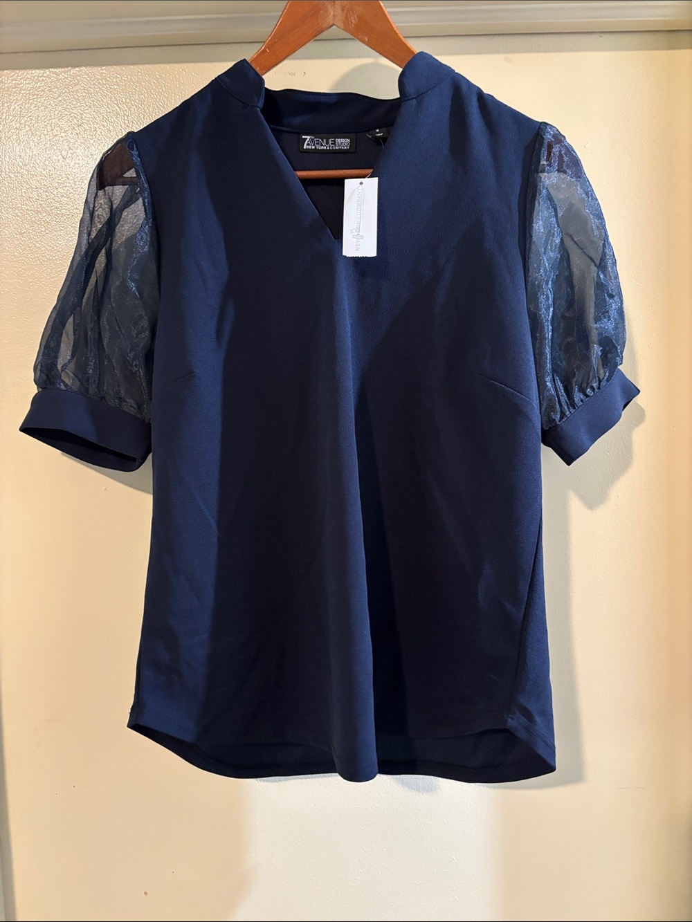 New York & Company Navy Sheer Puff-Sleeve V-Neck Blouse